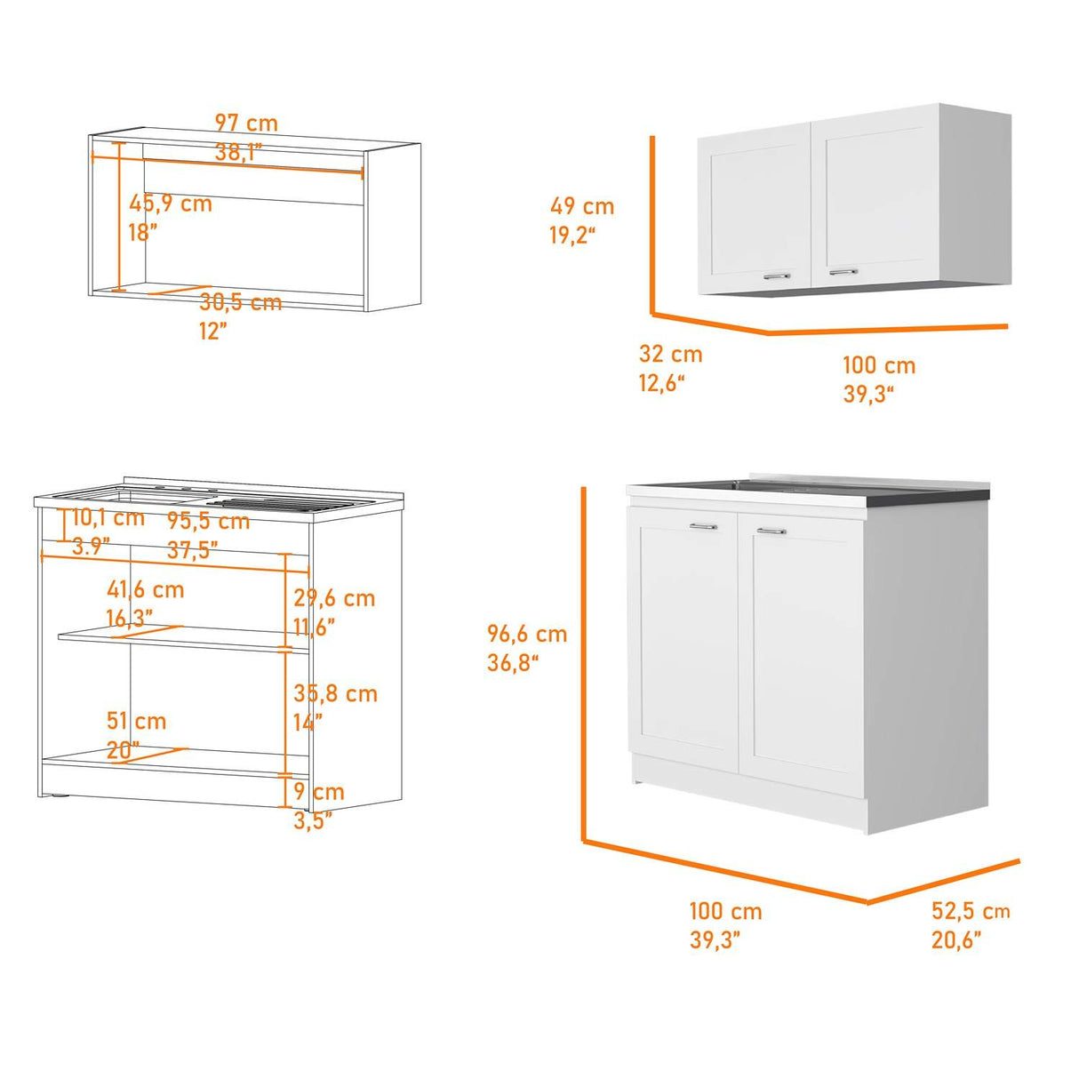 Cocina Zurich Blanco 100 cm con Mesón de Acero y Cuatro Puertas Abatibles - Combos Cocina | Bylmo