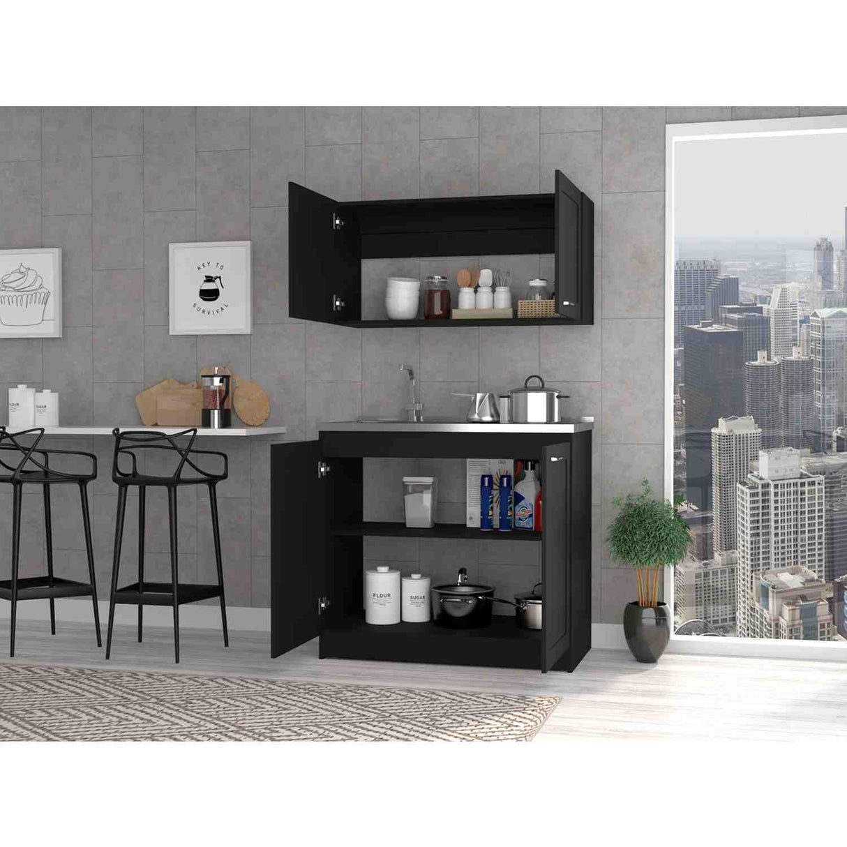 Cocina Zurich Wengue 100 cm Mueble Superior y Mueble Inferior con Mesón y Patas Métalicas - Cocinas | Bylmo