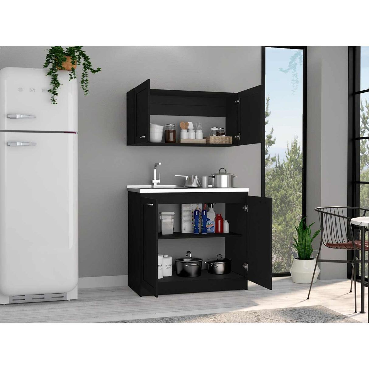 Cocina Zurich Wengue 100 cm Mueble Superior y Mueble Inferior con Mesón y Patas Métalicas - Cocinas | Bylmo