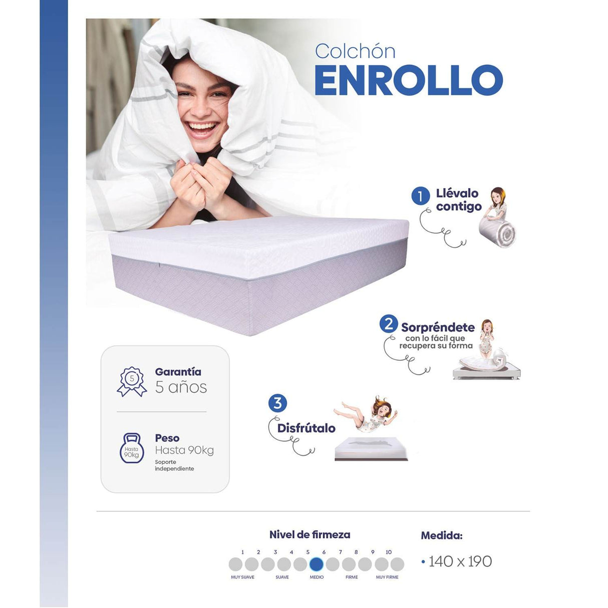 Combo Base Cama y Colchón Colklo Blanco Doble 140 cm Enrollable Firmeza Medio - Combos Habitacion | Bylmo