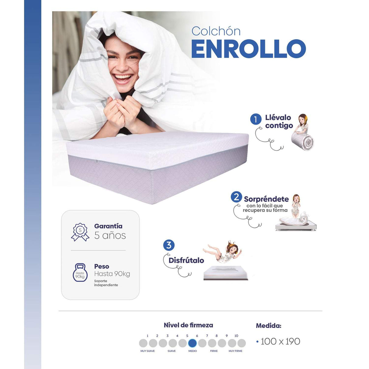 Combo Base Cama y Colchón Colklo Blanco Sencilla 100 cm Enrollable Firmeza Medio - Combos Habitacion | Bylmo