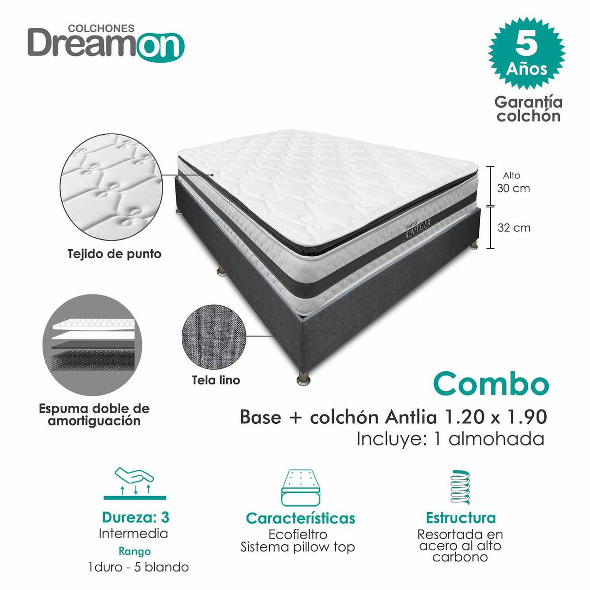 Combo Base Cama y Colchón DreamOn Antlia Gris Semidoble 120 cm Rectangular con Una Almohada - Combos Habitacion | Bylmo