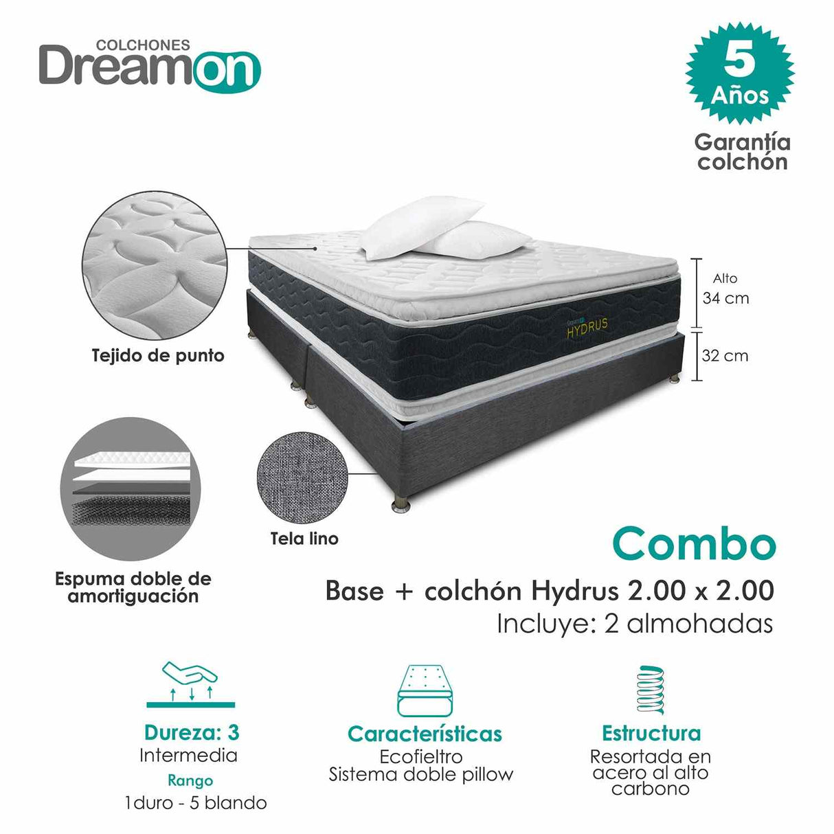 Combo Base Cama y Colchón DreamOn Hydrus Gris King 200 cm Rectangular con Dos Almohadas - Combos Habitacion | Bylmo