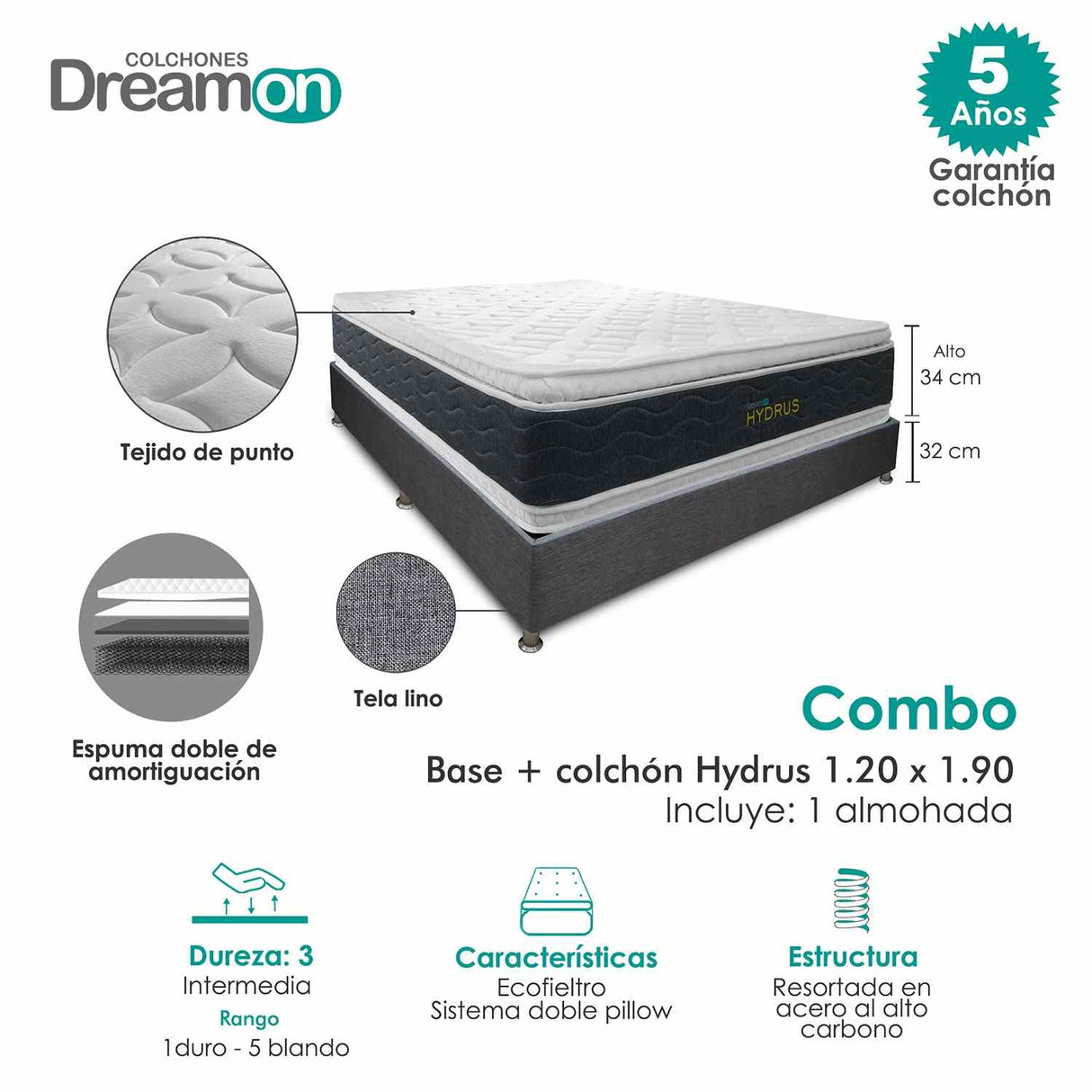 Combo Base Cama y Colchón DreamOn Hydrus Gris Semidoble 120 cm Rectangular con Una Almohada - Combos Habitacion | Bylmo