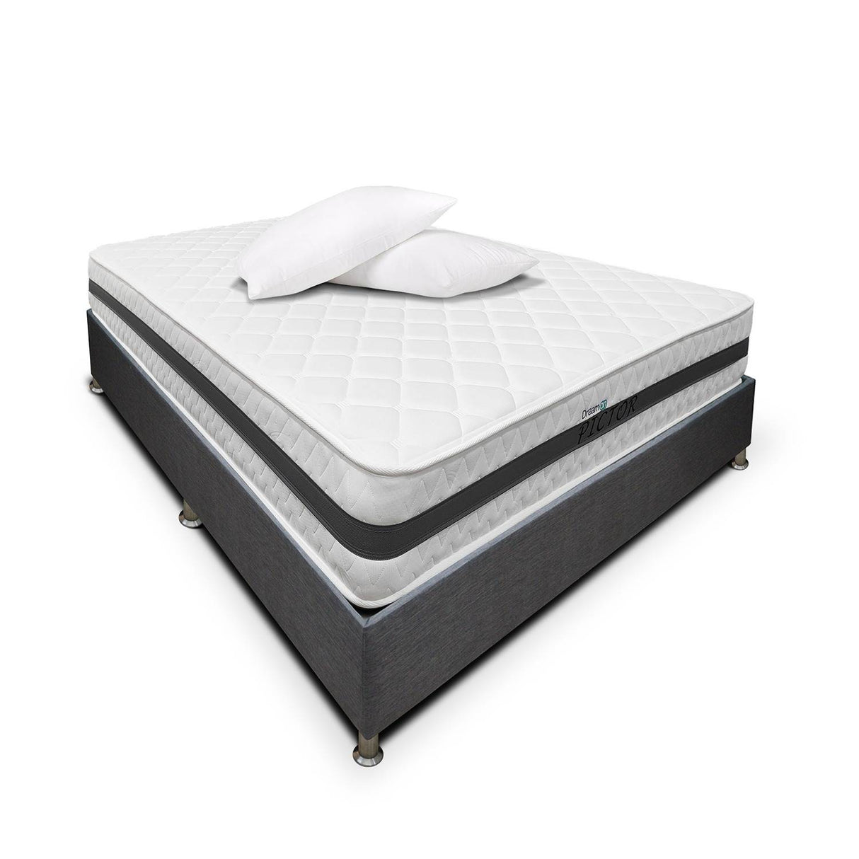 Combo Base Cama y Colchón DreamOn Pictor Gris Doble 140 cm Rectangular con Dos Almohadas - Combos Habitacion | Bylmo