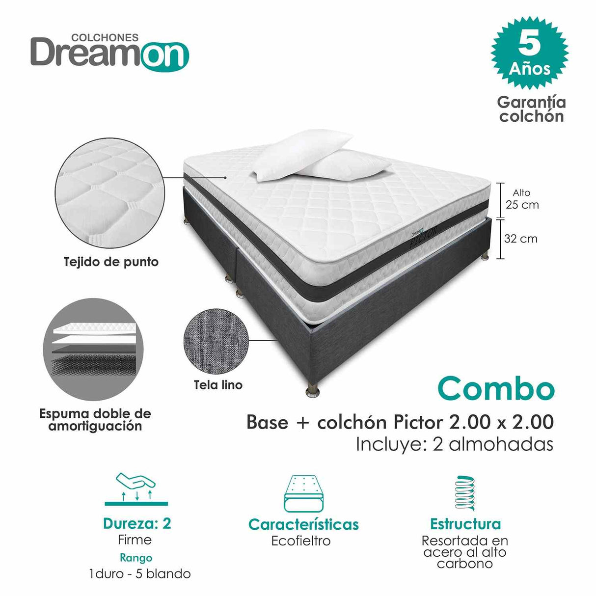 Combo Base Cama y Colchón DreamOn Pictor Gris King 200 cm Rectangular con Dos Almohadas - Combos Habitacion | Bylmo