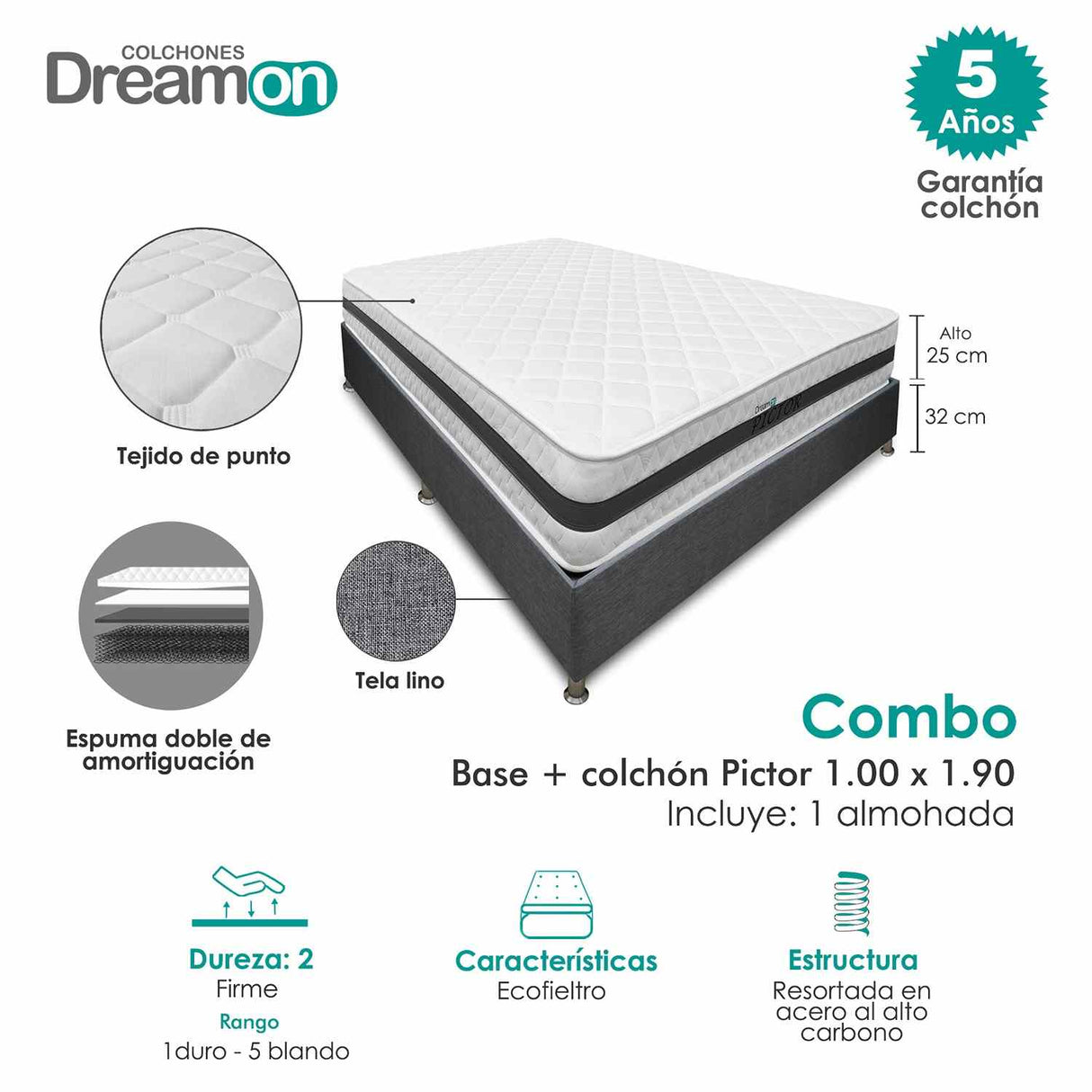 Combo Base Cama y Colchón DreamOn Pictor Gris Sencilla 100 cm Rectangular con Una Almohada - Combos Habitacion | Bylmo