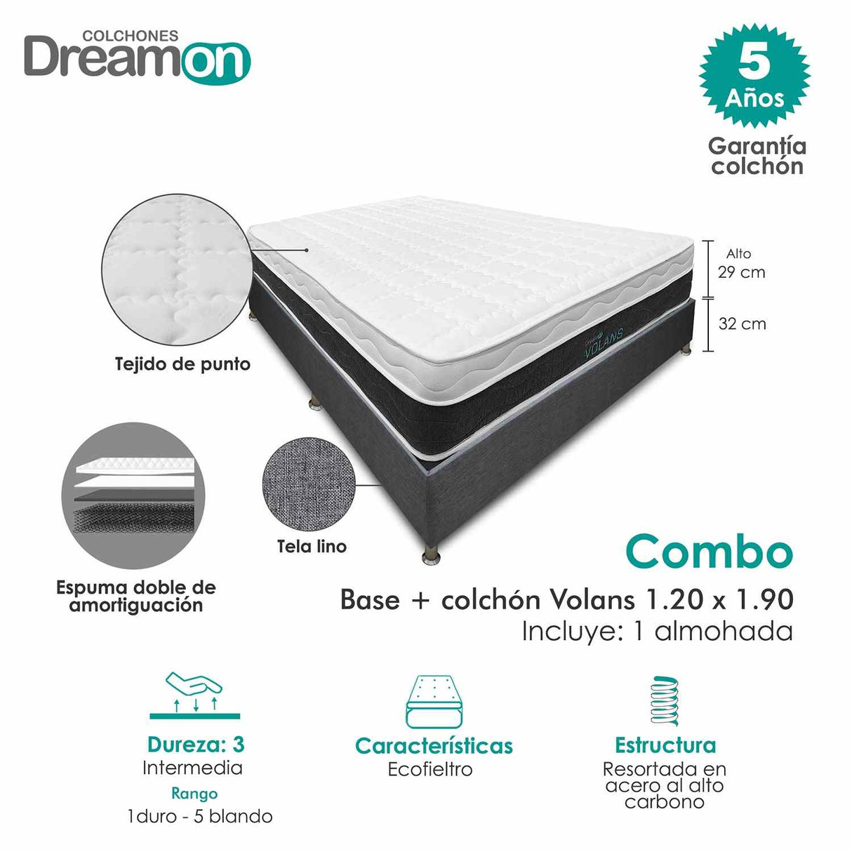 Combo Base Cama y Colchón DreamOn Volans Gris Semidoble 120 cm Rectangular con Una Almohada - Combos Habitacion | Bylmo