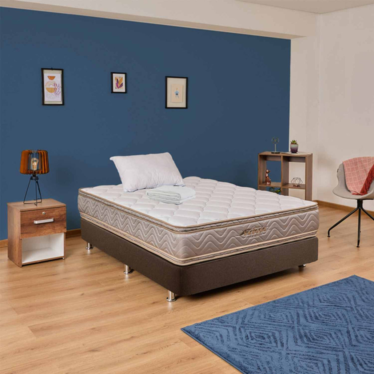 Combo Base Cama y Colchón Galaxy Beige y Plata Sencilla 100 cm con Una Almohada y Protector - Combos Habitacion | Bylmo