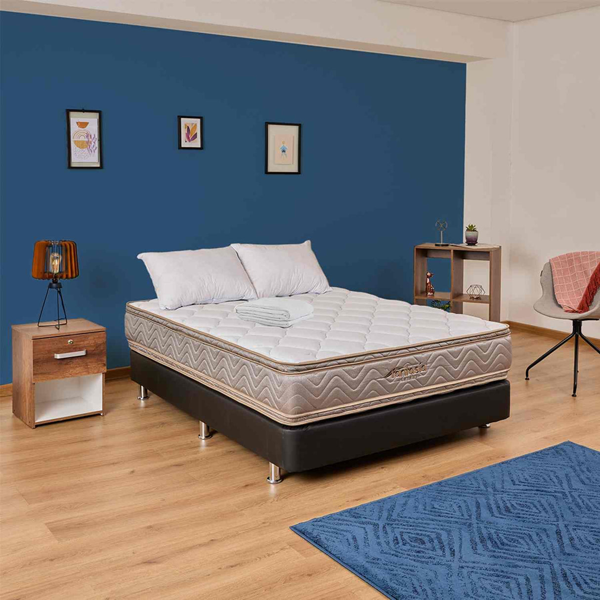 Combo Base Cama y Colchón Galaxy Negro Doble 140 cm con Dos Almohadas y Protector - Combos Habitacion | Bylmo