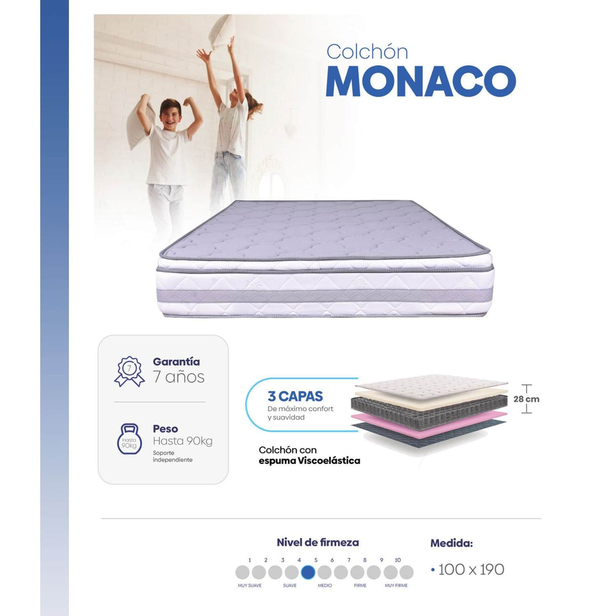 Combo Base Cama y Colchón Mónaco Blanco Sencilla 100 cm Firmeza Medio - Combos Habitacion | Bylmo