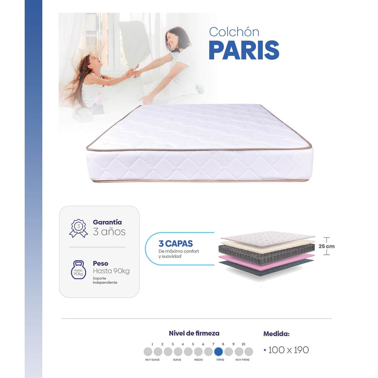 Combo Base Cama y Colchón Paris Blanco Sencilla 100 cm Firme - Combos Habitacion | Bylmo