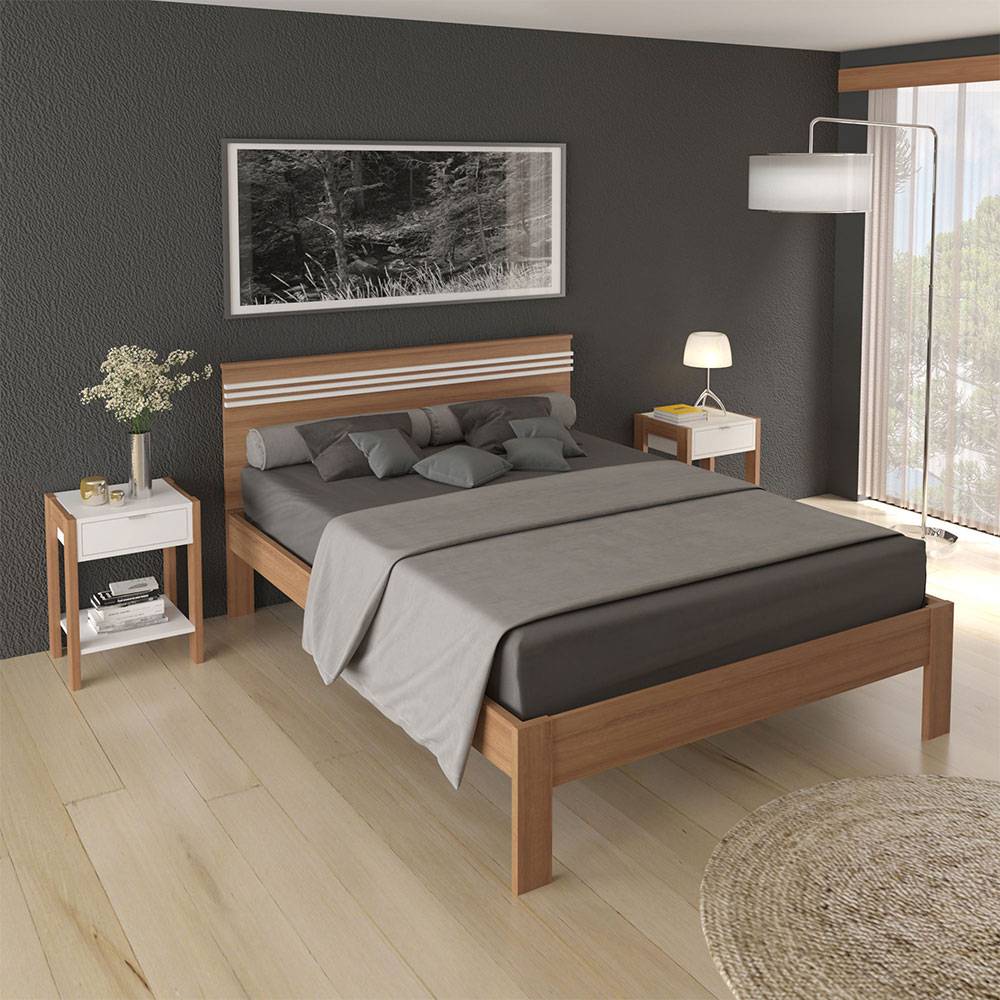 Combo Cama y Mesas de Noche Kaia Doble 140 cm Almendra y Blanco - Camas | Bylmo