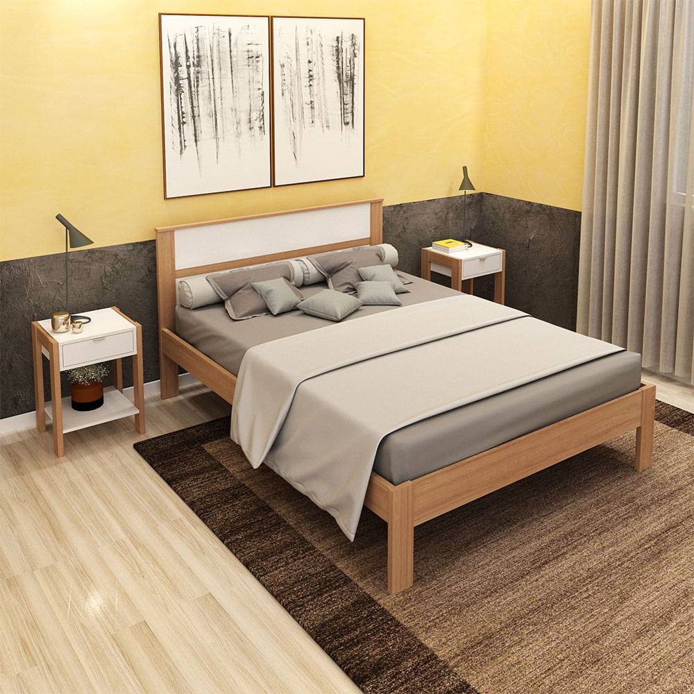 Combo Cama y Mesas de Noche Viena Doble 140 cm Almendra y Blanco - Camas | Bylmo