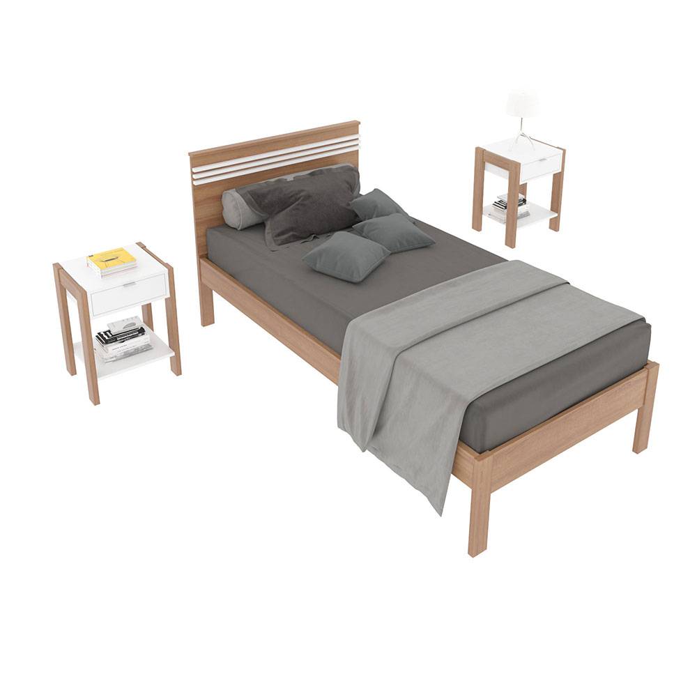 Combo Cama y Mesas de Noche Kaia Sencilla 90 cm Almendra y Blanco - Camas | Bylmo