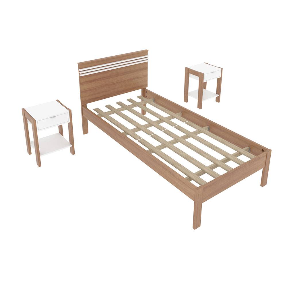 Combo Cama y Mesas de Noche Kaia Sencilla 90 cm Almendra y Blanco - Camas | Bylmo