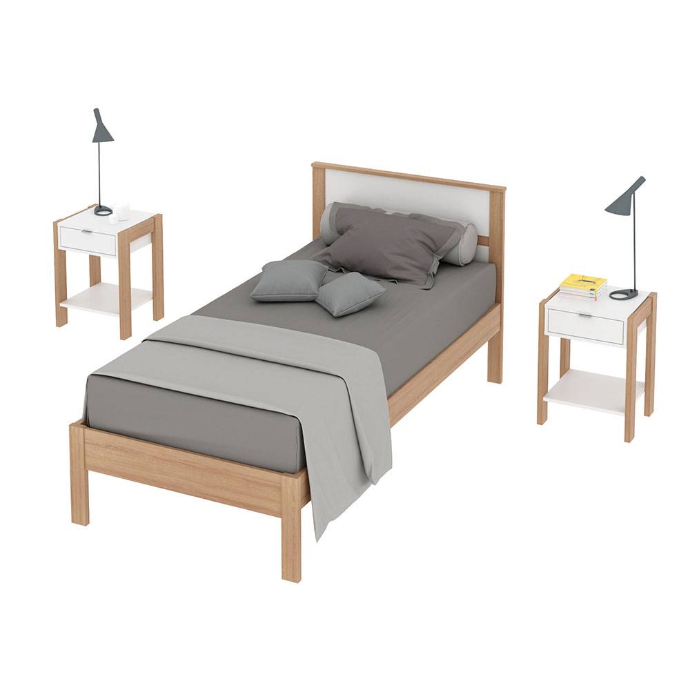 Combo Cama y Mesas de Noche Viena Sencilla 90 cm Almendra y Blanco - Camas | Bylmo