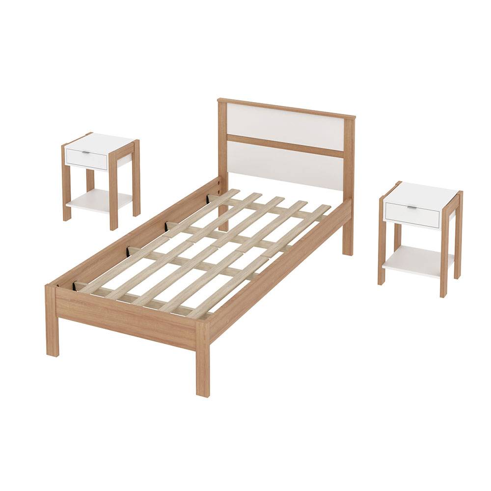 Combo Cama y Mesas de Noche Viena Sencilla 90 cm Almendra y Blanco - Camas | Bylmo