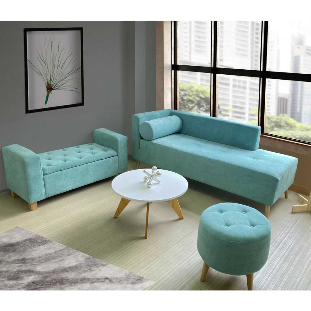 Combo Sala Chaise Long Verde Menta 163 cm con Sofá Banqueta Baúl Puff y Mesa de Centro - Sillas | Bylmo