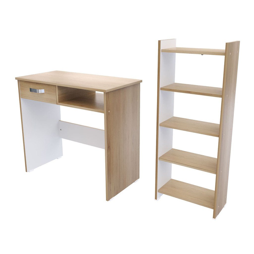 Combo Escritorio y Biblioteca Rovere y Blanco 40x100.8cm Con Un Cajón y con Organizador de Libros - Escritorios y Archivadores | Bylmo