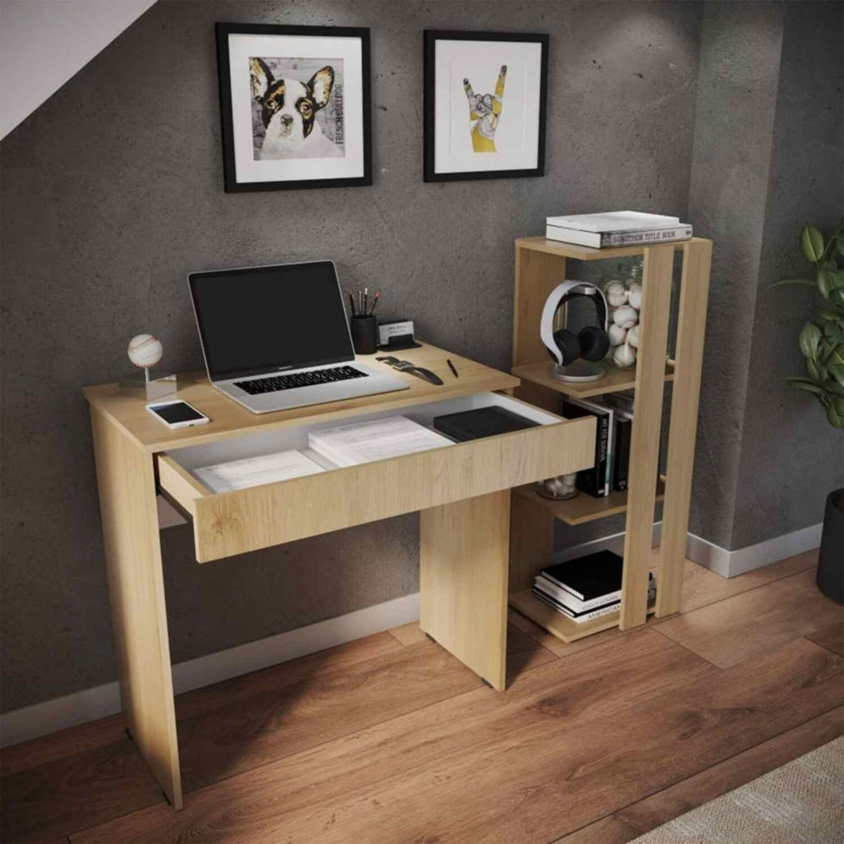 Combo Escritorio y Biblioteca Escrilec Rovere 80 cm con Cajón y Entrepaños - Combos Oficina | Bylmo