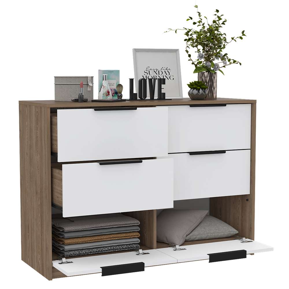 Cómoda Kaia Plus Miel y Blanco 107 cm con Cuatro Cajones y Dos Puertas - Cajoneras | Bylmo