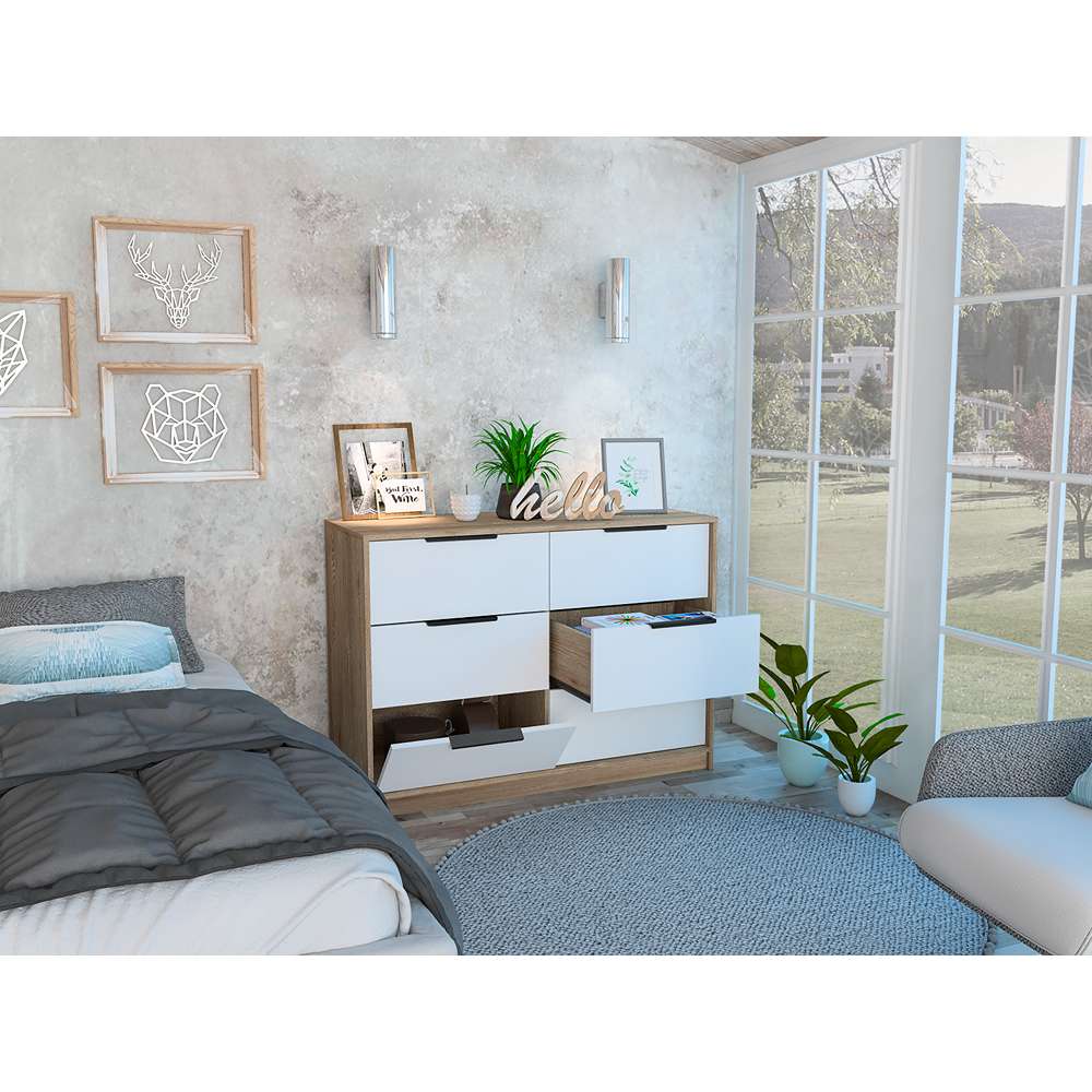 Cómoda Kaia Plus Miel y Blanco 107 cm con Cuatro Cajones y Dos Puertas - Cajoneras | Bylmo