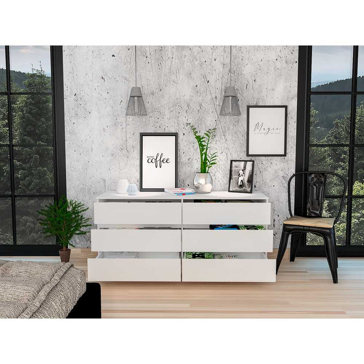 Cómoda Asteria Blanco 153.6x71.8cm De Tres Hileras con Tres Cajones - Cajoneras | Bylmo