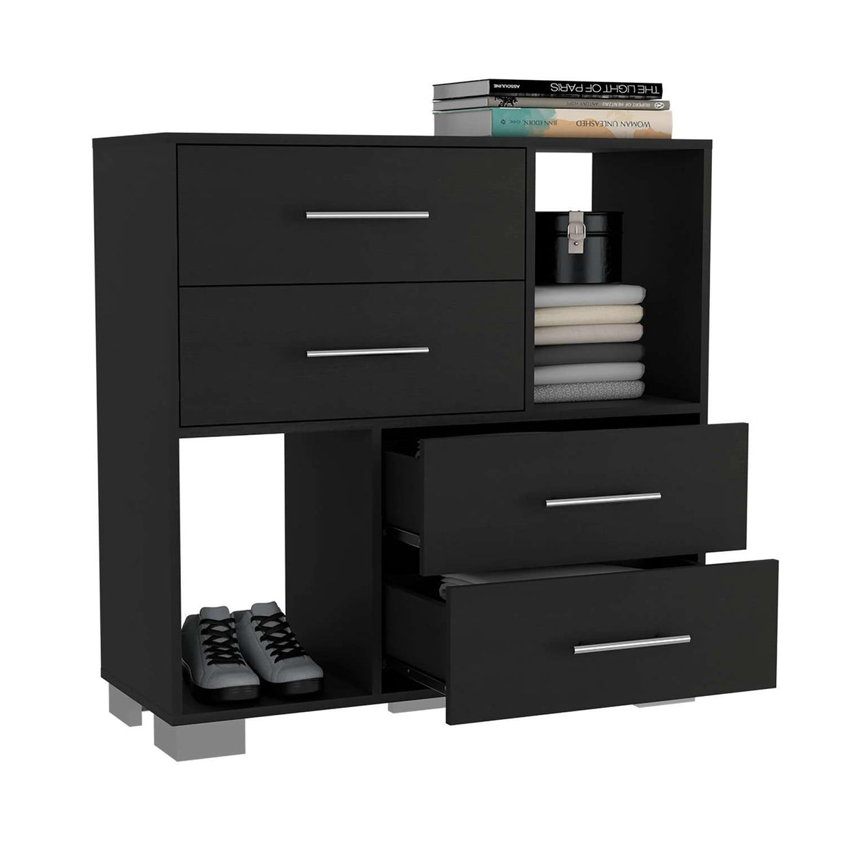 Cómoda Eleganza Wengue 90 cm con Cuatro Cajones y Entrepaños - Cajoneras y Comodas | Bylmo