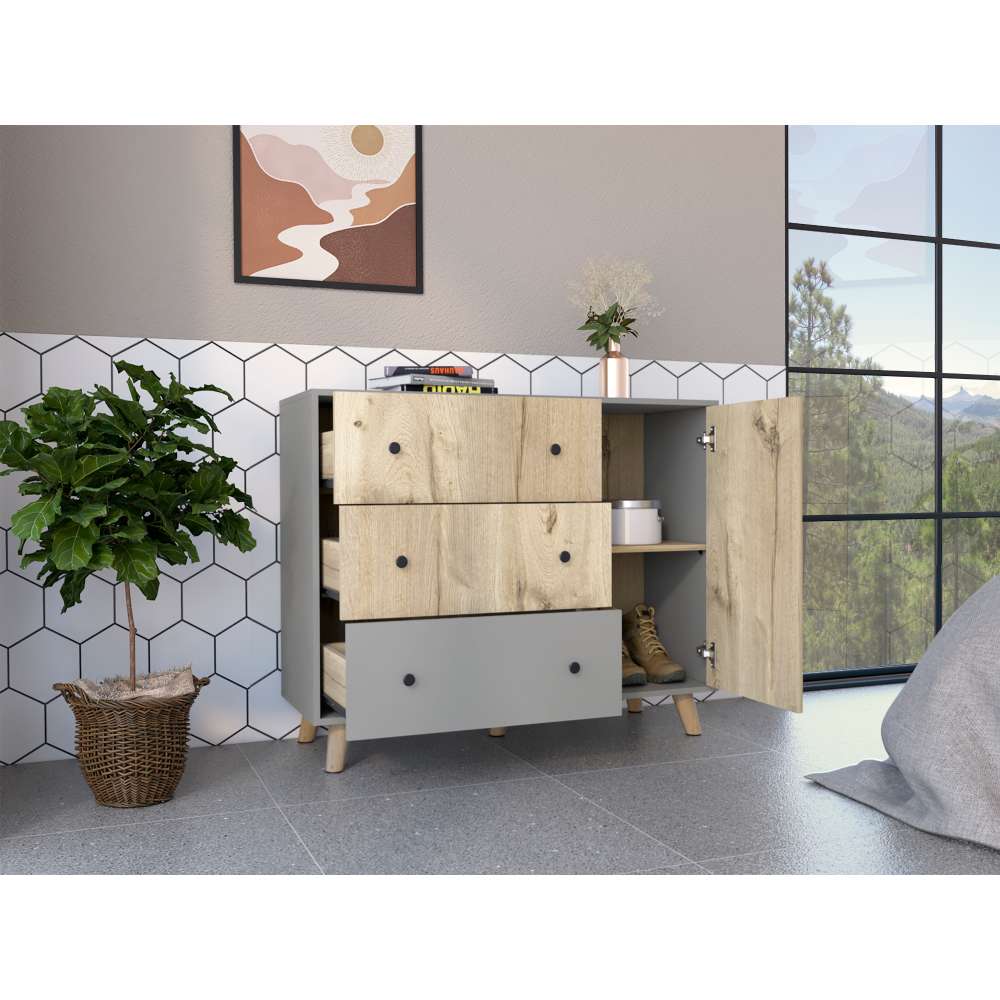 Cómoda Hamilton Duna y Gris 110 cm con Tres Cajones y Una Puerta - Cajoneras | Bylmo