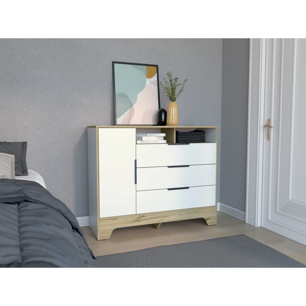 Cómoda Logan Duna y Blanco 110 cm con Tres Cajones y Una Puerta - Cajoneras | Bylmo