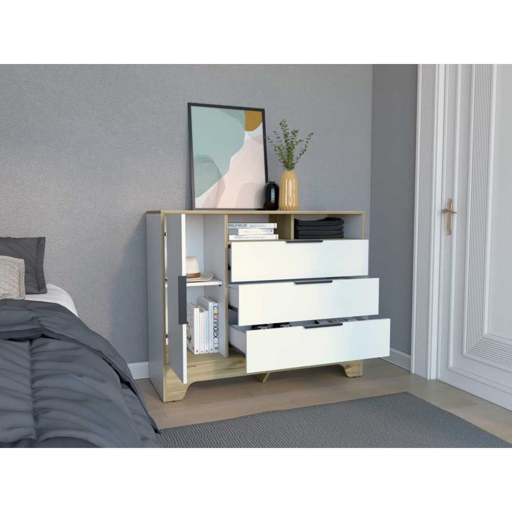 Cómoda Logan Duna y Blanco 110 cm con Tres Cajones y Una Puerta - Cajoneras | Bylmo