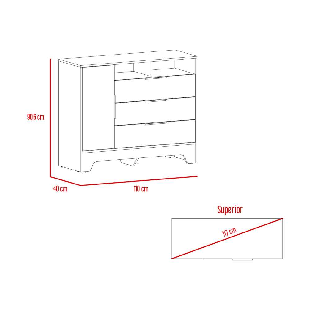 Cómoda Logan Duna y Blanco 110 cm con Tres Cajones y Una Puerta - Cajoneras | Bylmo