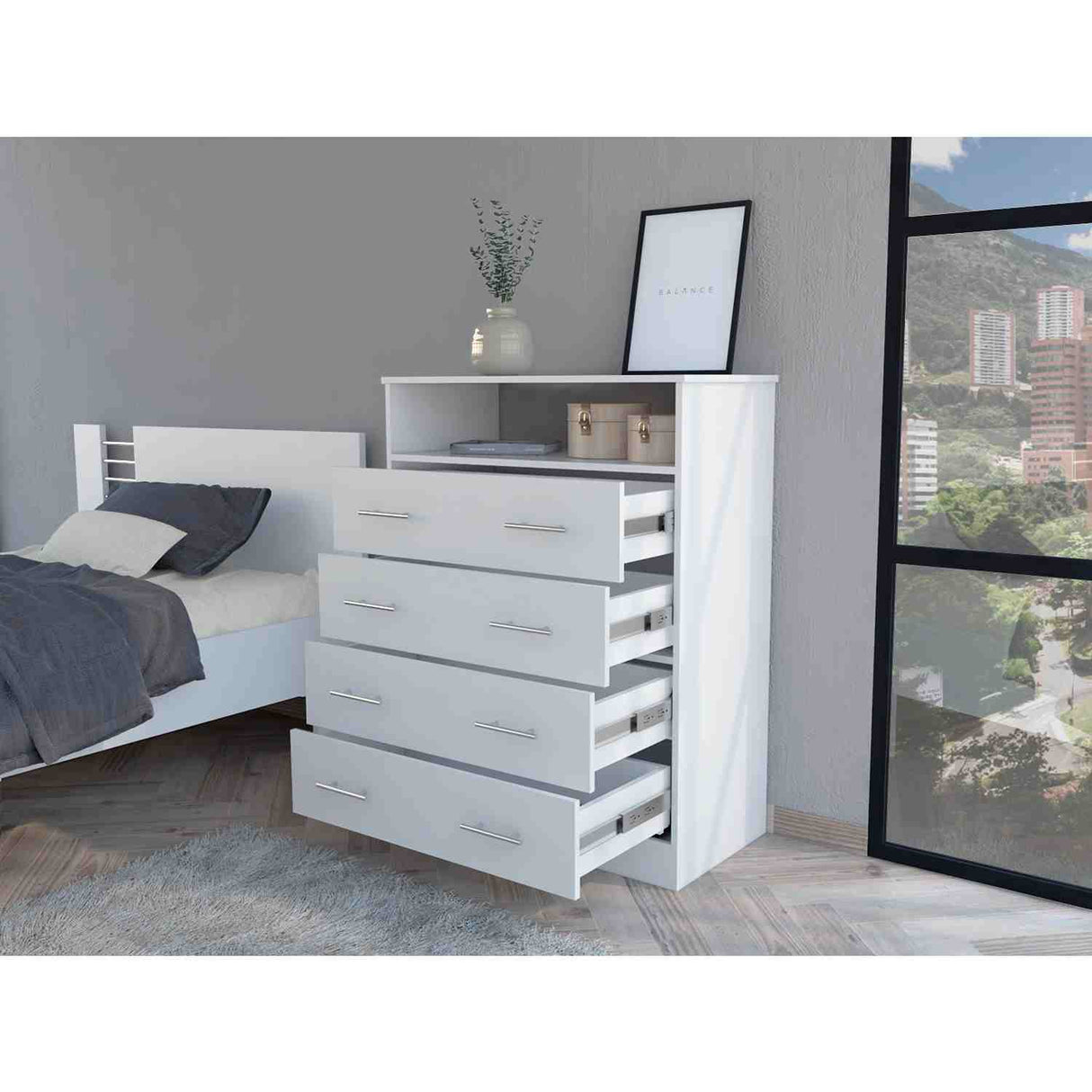 Cómoda Peru Blanco 84x110cm De Cuatro Hileras con Cuatro Cajones - Cajoneras y Comodas | Bylmo