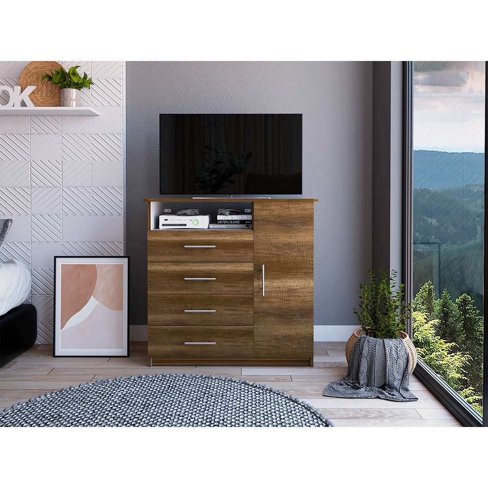 Cómoda Peru Caramelo y Blanco 91x88.6cm De Cuatro Hileras con Cuatro Cajones y con Espacio para TV - Cajoneras | Bylmo