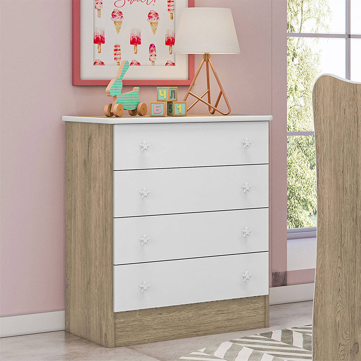 Cómoda Serena Miel y Blanco 64x79cm De Cuatro Hileras con Cuatro Cajones - Cajoneras y Comodas | Bylmo