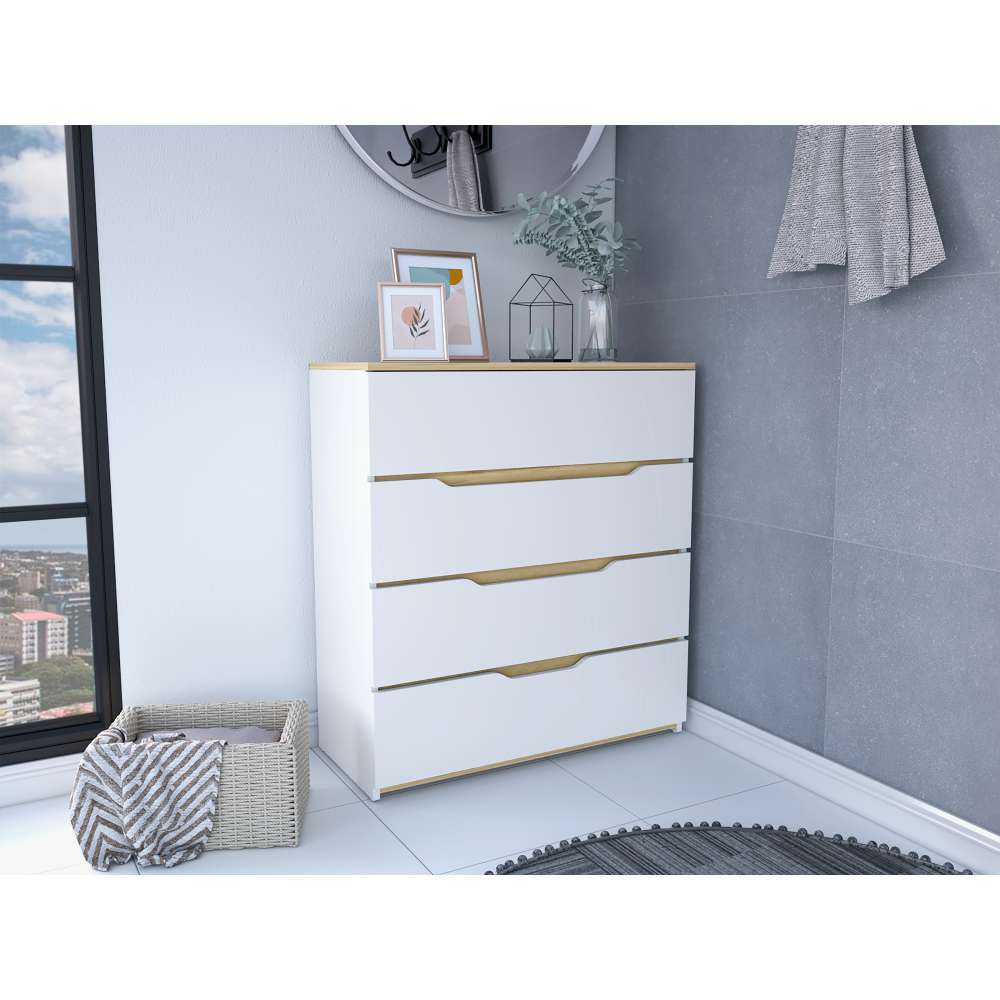 Cómoda Zoe Blanco Nevado y Duna 80 cm con Cuatro Cajones - Cajoneras | Bylmo