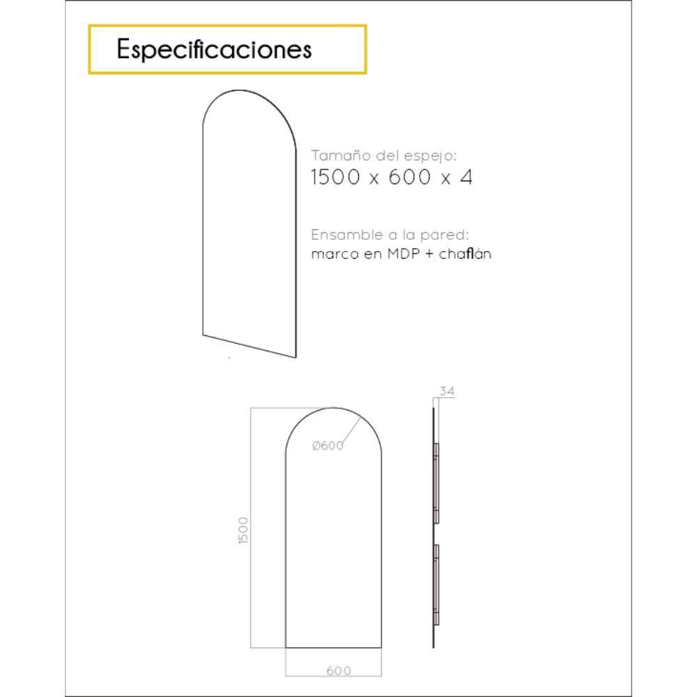 Espejo de Pared Florencia Plateado 60x150cm Arco Superior sin Marco - Espejos Decorativos | Bylmo