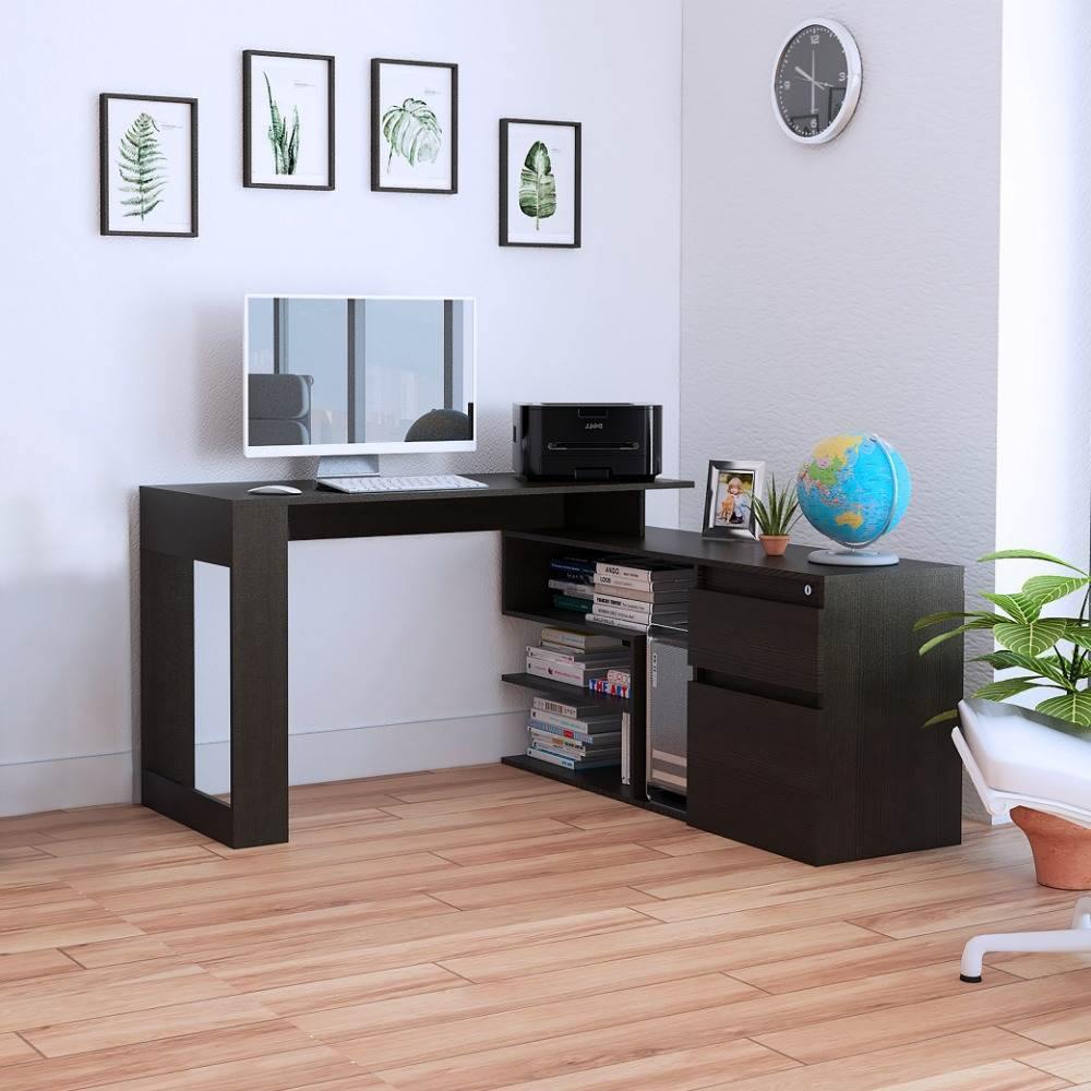 Escritorio en L Alteza Wengue 121x73cm Con Un Cajón y con Organizador de Libros - Escritorios y Archivadores | Bylmo