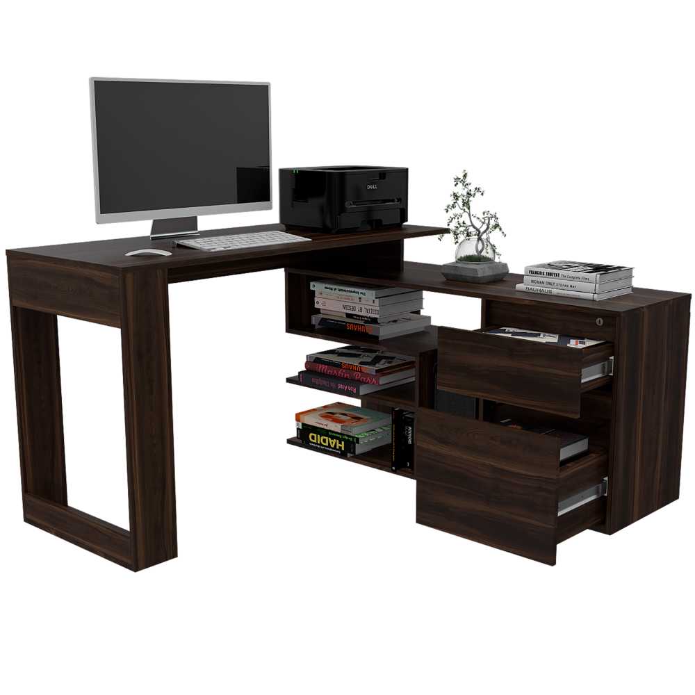 Escritorio en L Alteza Nogal 121 cm con Archivador, Cajón y Entrepaños - Escritorios y Archivadores | Bylmo