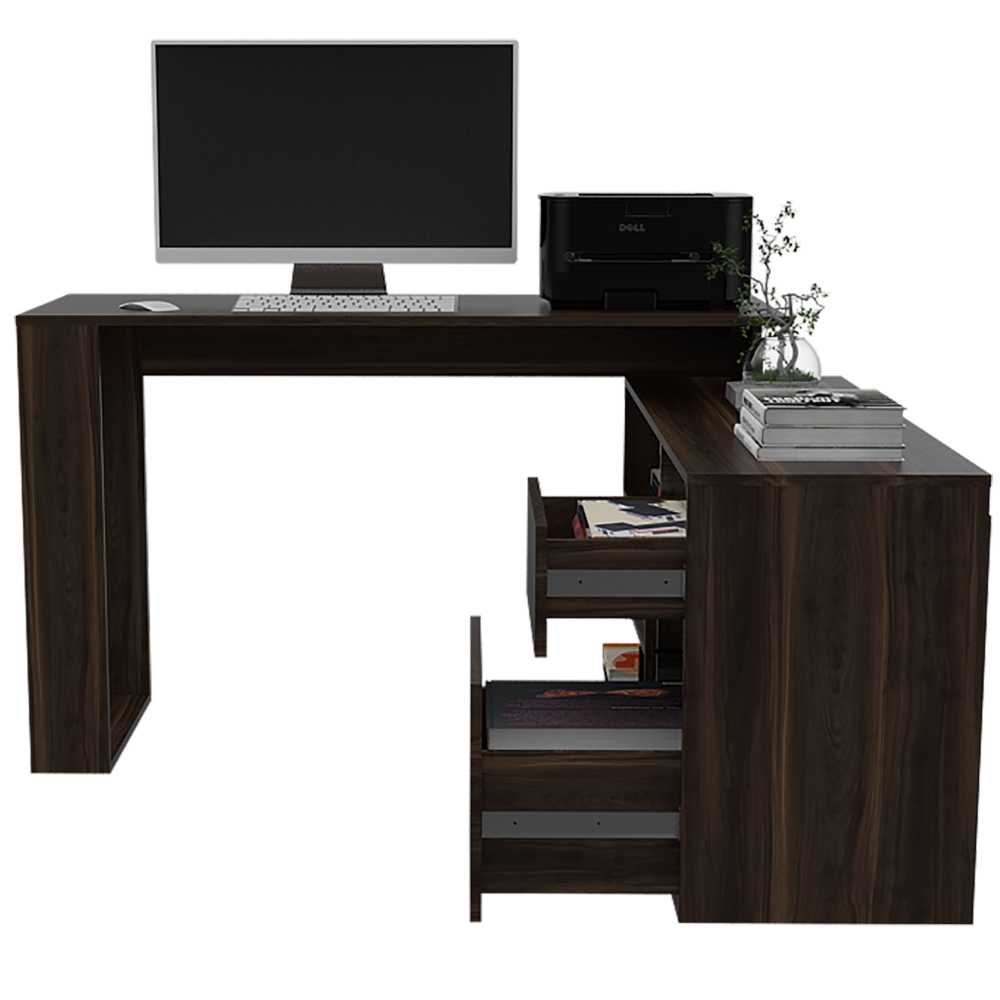 Escritorio en L Alteza Nogal 121 cm con Archivador, Cajón y Entrepaños - Escritorios y Archivadores | Bylmo