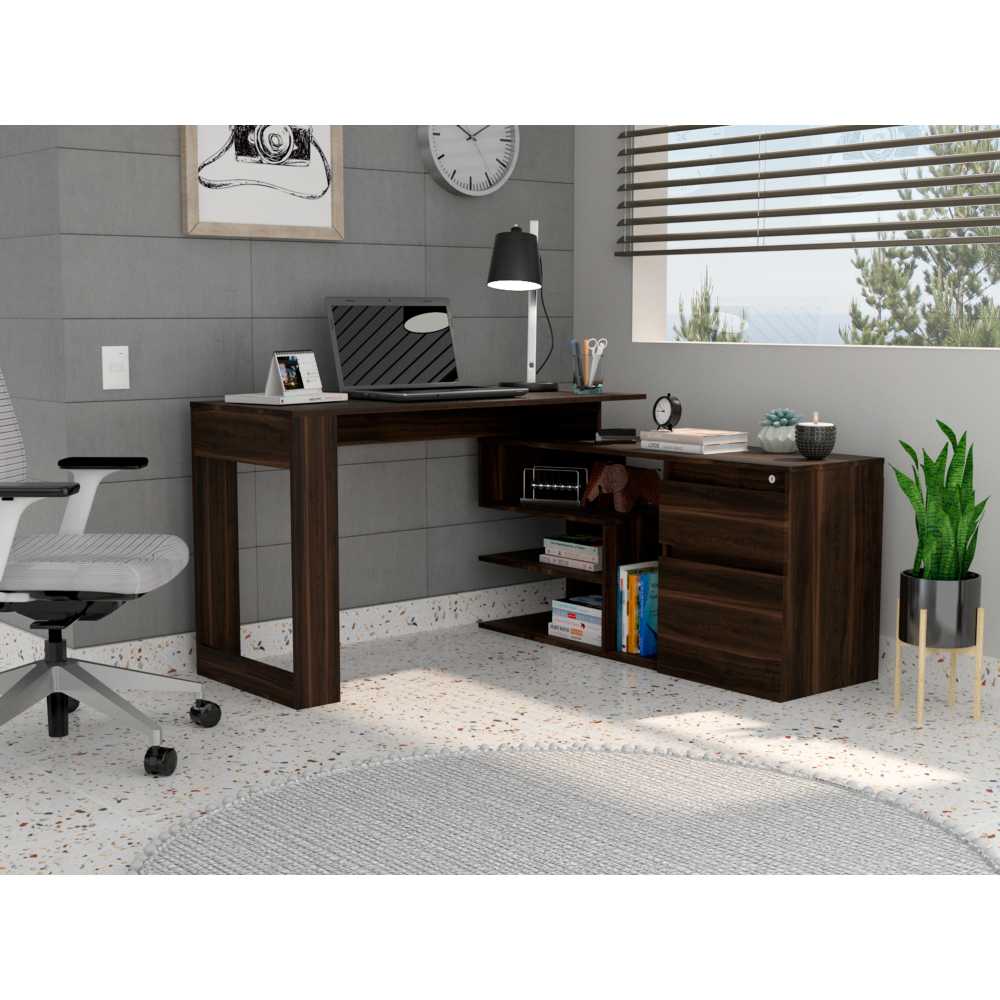 Escritorio en L Alteza Nogal 121 cm con Archivador, Cajón y Entrepaños - Escritorios y Archivadores | Bylmo