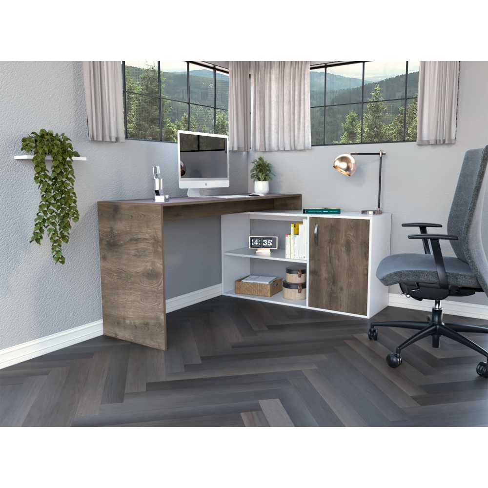 Escritorio en L Axis Bellota y Blanco 151.5x76.5cm sin Cajones y con Organizador de Libros - Escritorios y Archivadores | Bylmo