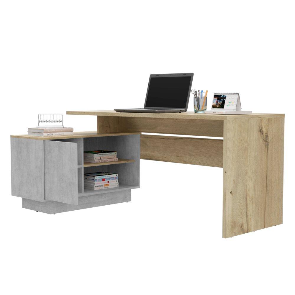 Escritorio en L Berlín Cemento 172 cm con Puerta y Entrepaños - Escritorios y Archivadores | Bylmo