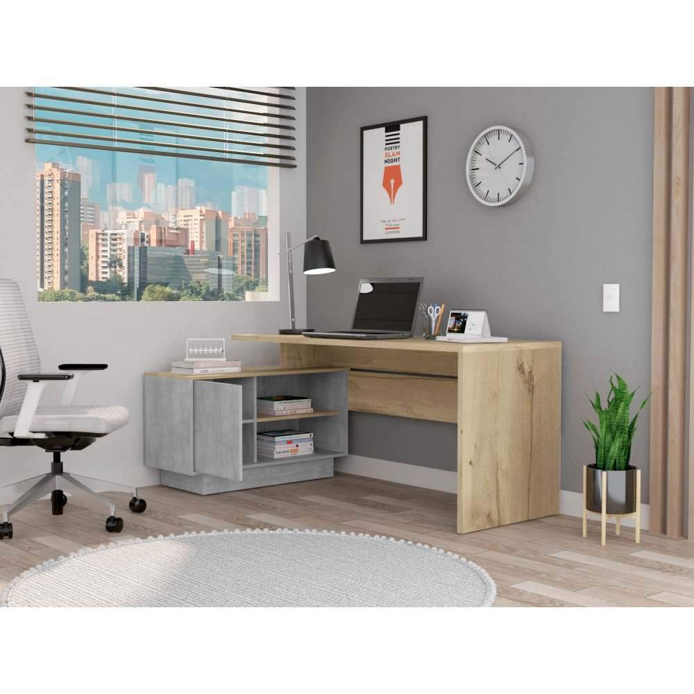 Escritorio en L Berlín Cemento 172 cm con Puerta y Entrepaños - Escritorios y Archivadores | Bylmo