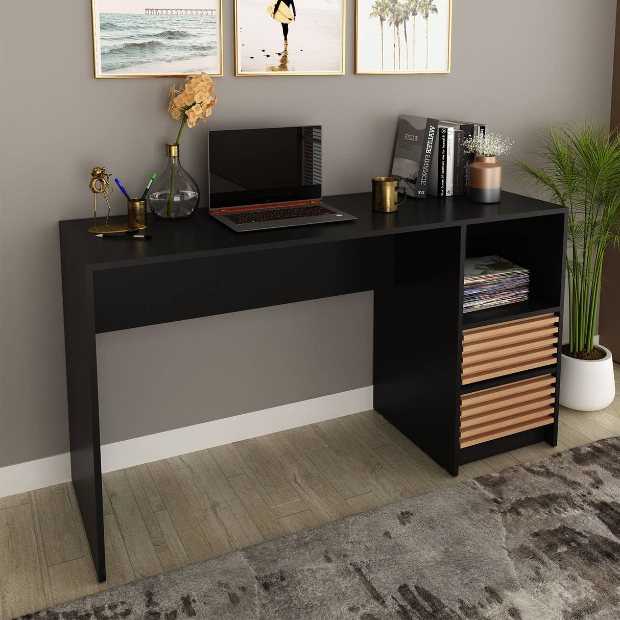 Escritorio Estrella Negro y Almendra 135.8x45cm con Dos Cajoes - Escritorios y Archivadores | Bylmo