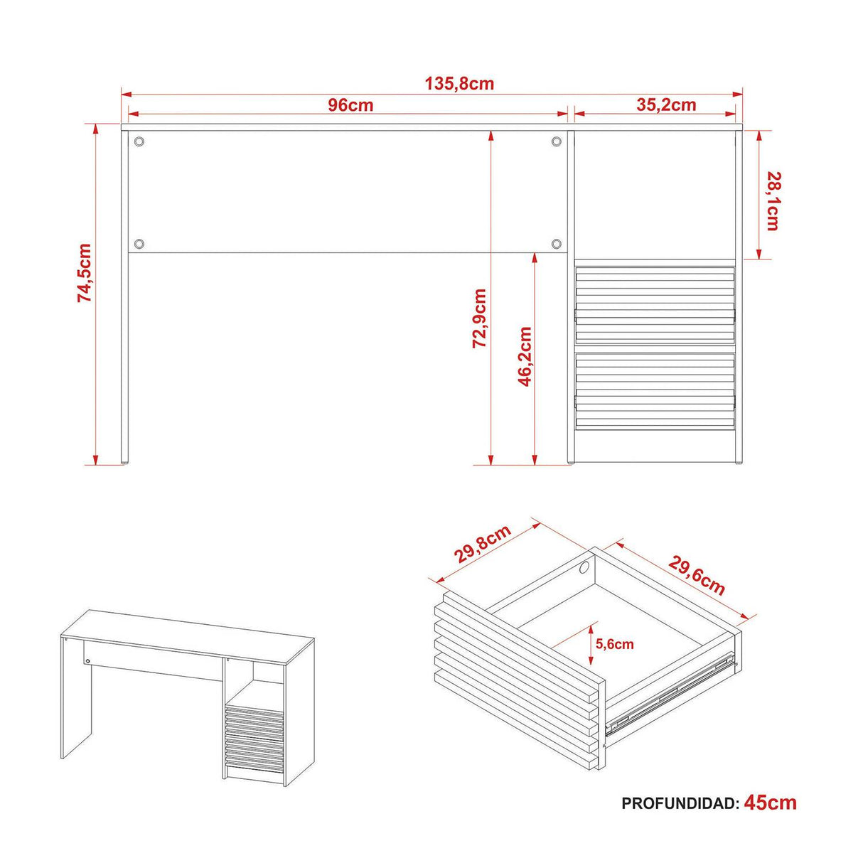 Escritorio Estrella Negro y Almendra 135.8x45cm con Dos Cajoes - Escritorios y Archivadores | Bylmo