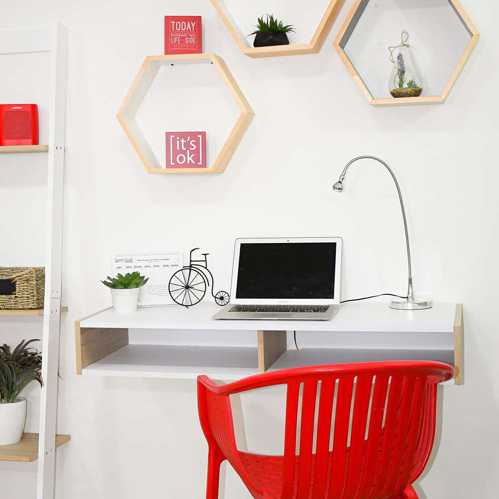 Escritorio Flotante Home Office Pino y Blanco 100x15cm sin Cajones - Escritorios y Archivadores | Bylmo