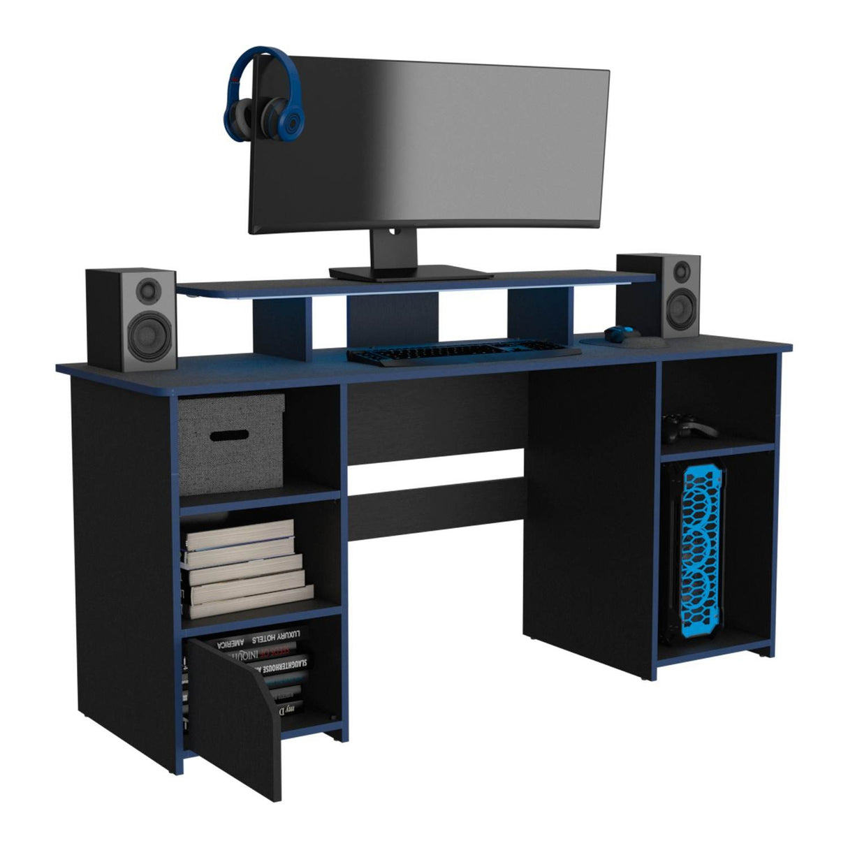 Escritorio Gamer Keria Wengue 157 cm con Entrepaño para Pantalla y Luz Led - Escritorios | Bylmo