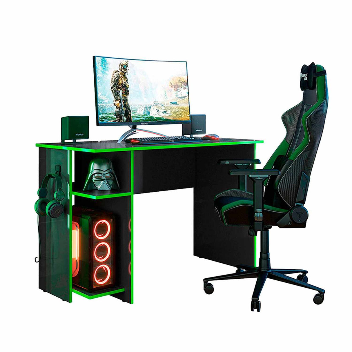 Escritorio Gamer Lyon Negro - Verde 114 cm con Compartimiento - Escritorios | Bylmo